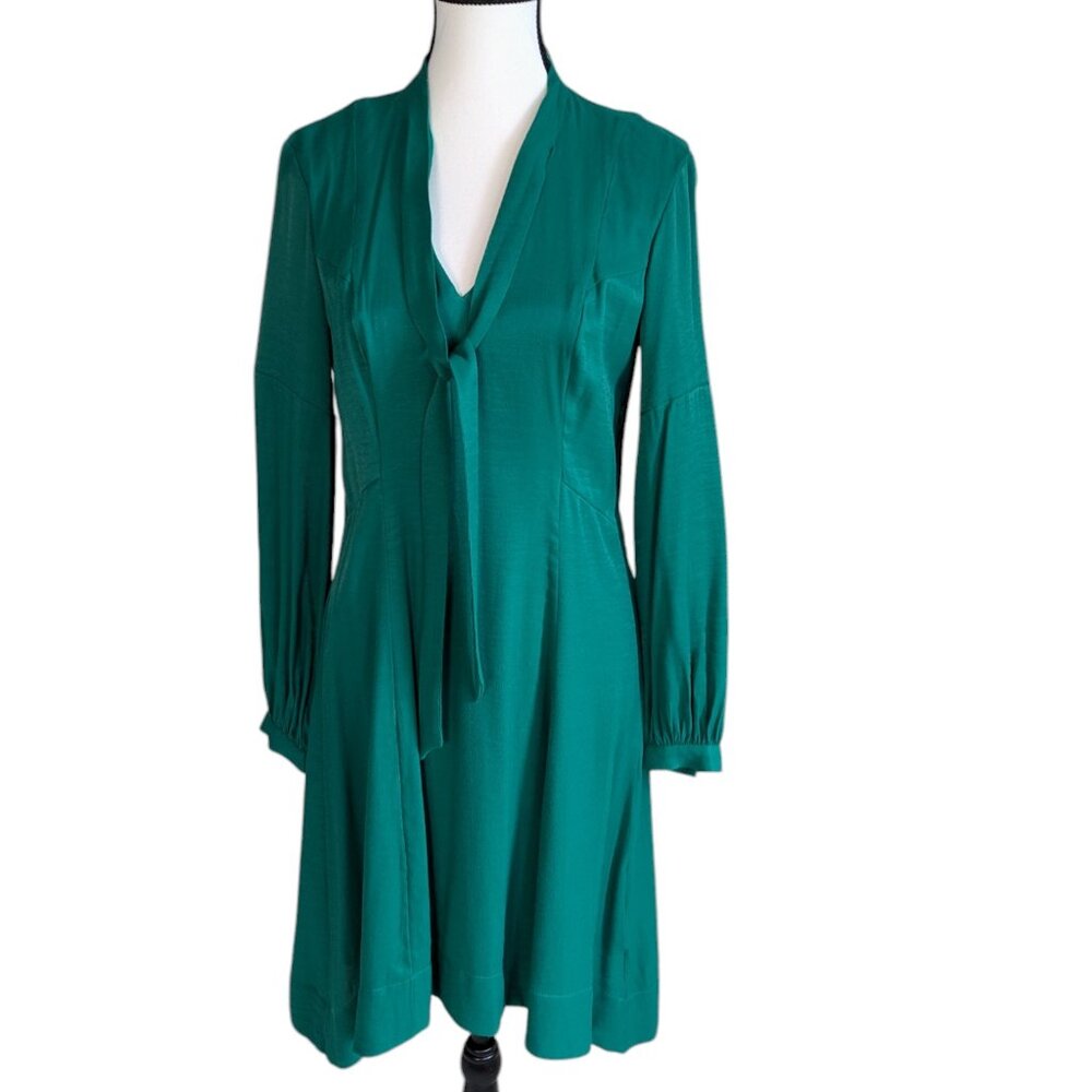 Anthropologie Emerald Green Long-Sleeve Tie-Neck Dress
